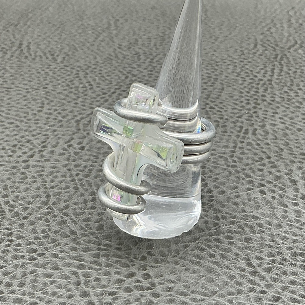 Silver Tone Wrap Ring Size‎ 8 Clear Crystal Cross Statement Cocktail Fashion